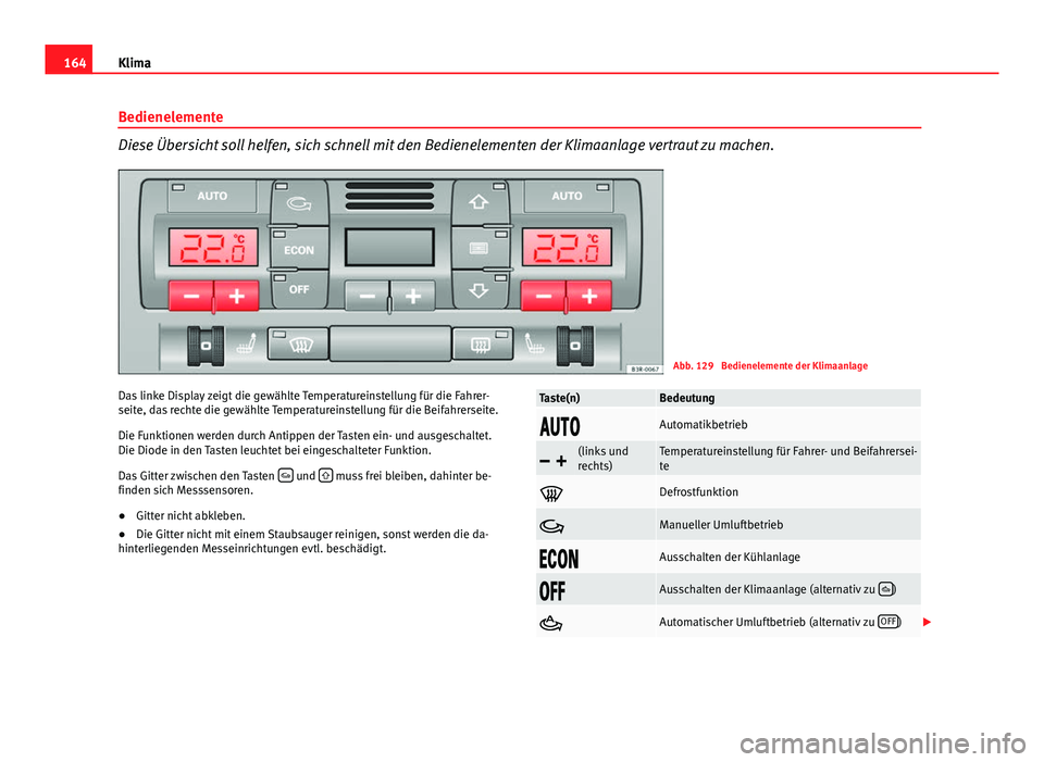 Seat Exeo 2008 Betriebsanleitung (in German) 164Klima
Bedienelemente
Diese Übersicht soll helfen, sich schnell mit den Bedienelementen der Klimaanlage vertraut zu machen.
Abb. 129 Bedienelemente der Klimaanlage
Das linke Display zeigt die gew Seat Exeo 2008 Betriebsanleitung (in German) 164Klima
Bedienelemente
Diese Übersicht soll helfen, sich schnell mit den Bedienelementen der Klimaanlage vertraut zu machen.
Abb. 129 Bedienelemente der Klimaanlage
Das linke Display zeigt die gew