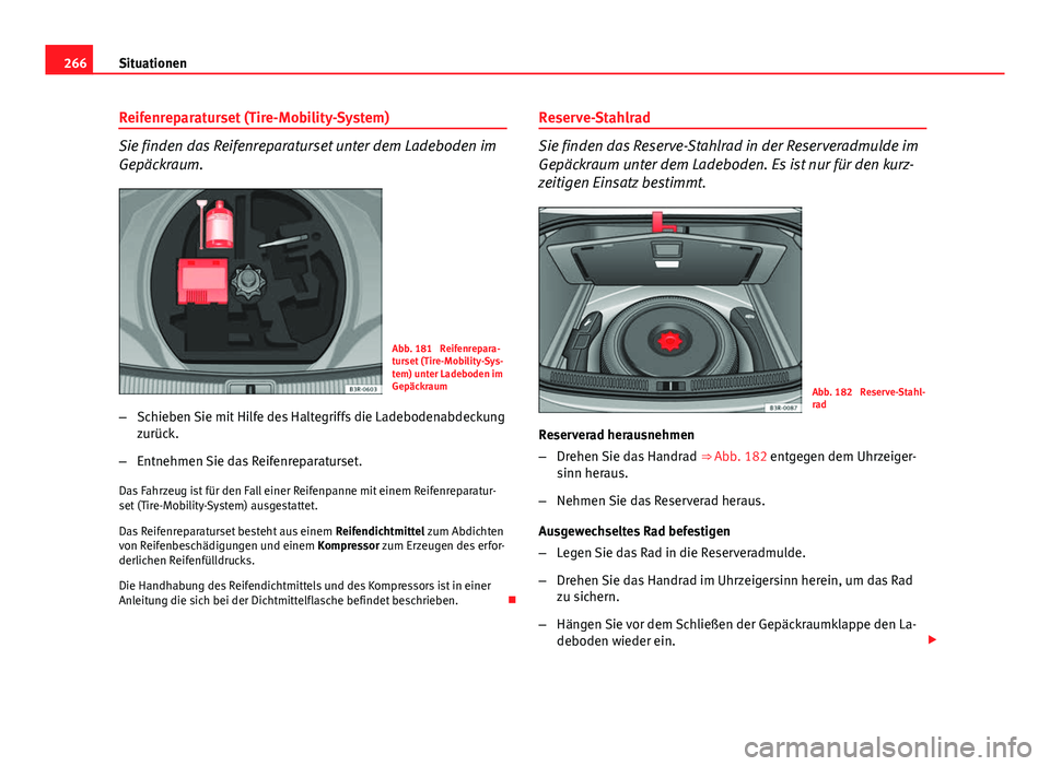 Seat Exeo 2008 Betriebsanleitung (in German) 266Situationen
Reifenreparaturset (Tire-Mobility-System)
Sie finden das Reifenreparaturset unter dem Ladeboden im
Gepäckraum.
Abb. 181 Reifenrepara-
turset (Tire-Mobility-Sys-
tem) unter Ladeboden i Seat Exeo 2008 Betriebsanleitung (in German) 266Situationen
Reifenreparaturset (Tire-Mobility-System)
Sie finden das Reifenreparaturset unter dem Ladeboden im
Gepäckraum.
Abb. 181 Reifenrepara-
turset (Tire-Mobility-Sys-
tem) unter Ladeboden i
