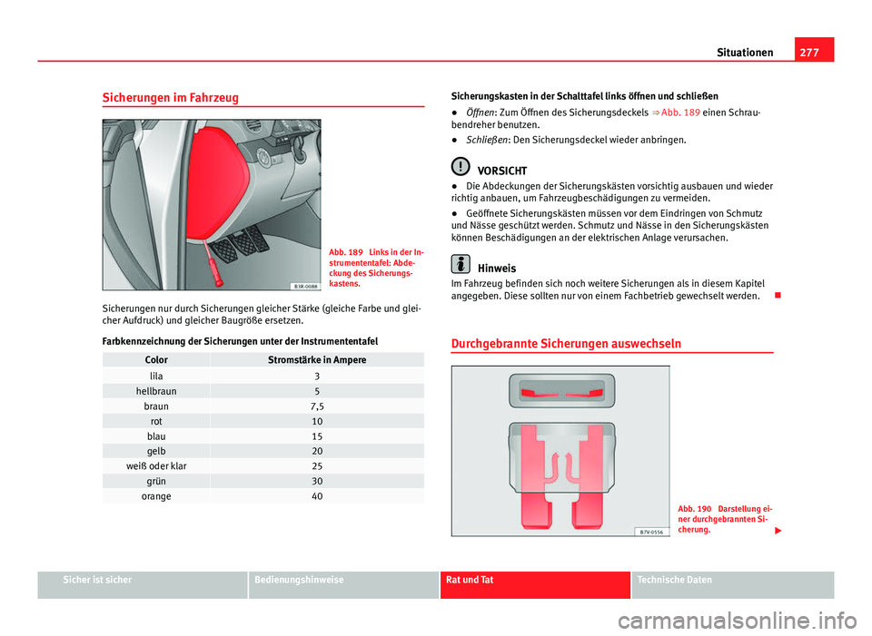 Seat Exeo 2008 Betriebsanleitung (in German) 277
Situationen
Sicherungen im Fahrzeug
Abb. 189 Links in der In-
strumententafel: Abde-
ckung des Sicherungs-
kastens.
Sicherungen nur durch Sicherungen gleicher Stärke (gleiche Farbe und glei-
che Seat Exeo 2008 Betriebsanleitung (in German) 277
Situationen
Sicherungen im Fahrzeug
Abb. 189 Links in der In-
strumententafel: Abde-
ckung des Sicherungs-
kastens.
Sicherungen nur durch Sicherungen gleicher Stärke (gleiche Farbe und glei-
che