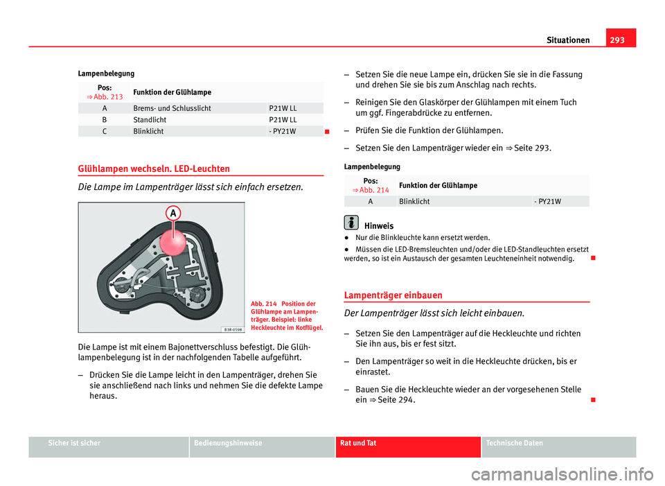 Seat Exeo 2008 Betriebsanleitung (in German) 293
Situationen
Lampenbelegung
Pos:
⇒ Abb. 213Funktion der Glühlampe
ABrems- und SchlusslichtP21W LLBStandlichtP21W LLCBlinklicht- PY21W
Glühlampen wechseln. LED-Leuchten
Die Lampe im Lampent Seat Exeo 2008 Betriebsanleitung (in German) 293
Situationen
Lampenbelegung
Pos:
⇒ Abb. 213Funktion der Glühlampe
ABrems- und SchlusslichtP21W LLBStandlichtP21W LLCBlinklicht- PY21W
Glühlampen wechseln. LED-Leuchten
Die Lampe im Lampent
