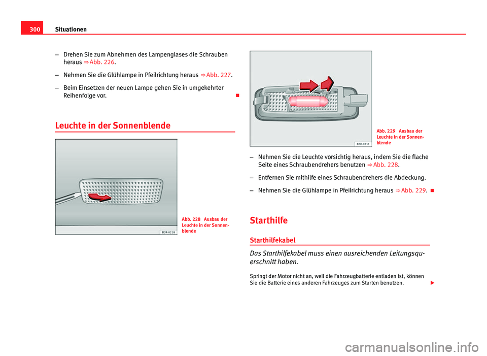 Seat Exeo 2008  Betriebsanleitung (in German) 300Situationen
–Drehen Sie zum Abnehmen des Lampenglases die Schrauben
heraus  ⇒ Abb. 226.
– Nehmen Sie die Glühlampe in Pfeilrichtung heraus  ⇒ Abb. 227.
– Beim Einsetzen der neuen Lam
