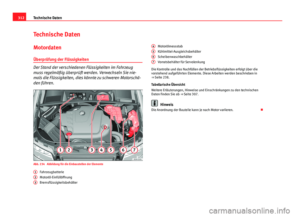 Seat Exeo 2008  Betriebsanleitung (in German) 312Technische Daten
Technische Daten
Motordaten Überprüfung der Flüssigkeiten
Der Stand der verschiedenen Flüssigkeiten im Fahrzeug
muss regelmäßig überprüft werden. Verwechseln Sie nie-
mals 