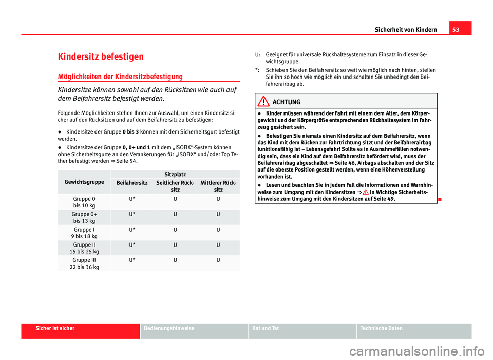 Seat Exeo 2008 Betriebsanleitung (in German) 53
Sicherheit von Kindern
Kindersitz befestigen
Möglichkeiten der Kindersitzbefestigung
Kindersitze können sowohl auf den Rücksitzen wie auch auf
dem Beifahrersitz befestigt werden.
Folgende Mögli Seat Exeo 2008 Betriebsanleitung (in German) 53
Sicherheit von Kindern
Kindersitz befestigen
Möglichkeiten der Kindersitzbefestigung
Kindersitze können sowohl auf den Rücksitzen wie auch auf
dem Beifahrersitz befestigt werden.
Folgende Mögli