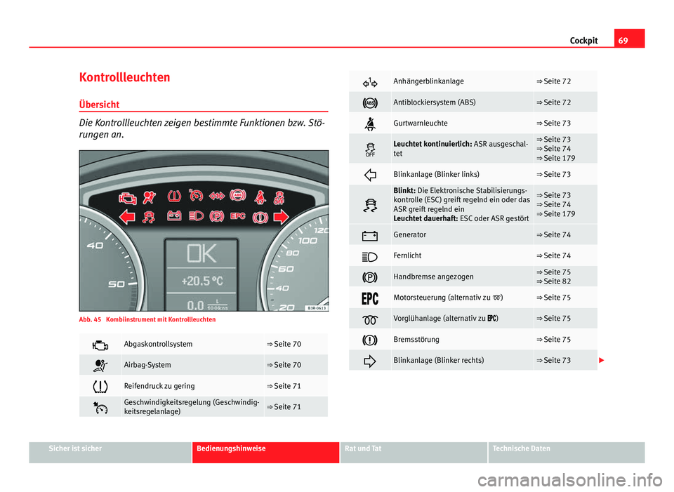Seat Exeo ST 2013 Betriebsanleitung (in German) 69
Cockpit
Kontrollleuchten
Übersicht
Die Kontrollleuchten zeigen bestimmte Funktionen bzw. Stö-
rungen an.
Abb. 45 Kombiinstrument mit Kontrollleuchten
Abgaskontrollsystem⇒ Seite 70
Airb Seat Exeo ST 2013 Betriebsanleitung (in German) 69
Cockpit
Kontrollleuchten
Übersicht
Die Kontrollleuchten zeigen bestimmte Funktionen bzw. Stö-
rungen an.
Abb. 45 Kombiinstrument mit Kontrollleuchten
Abgaskontrollsystem⇒ Seite 70
Airb