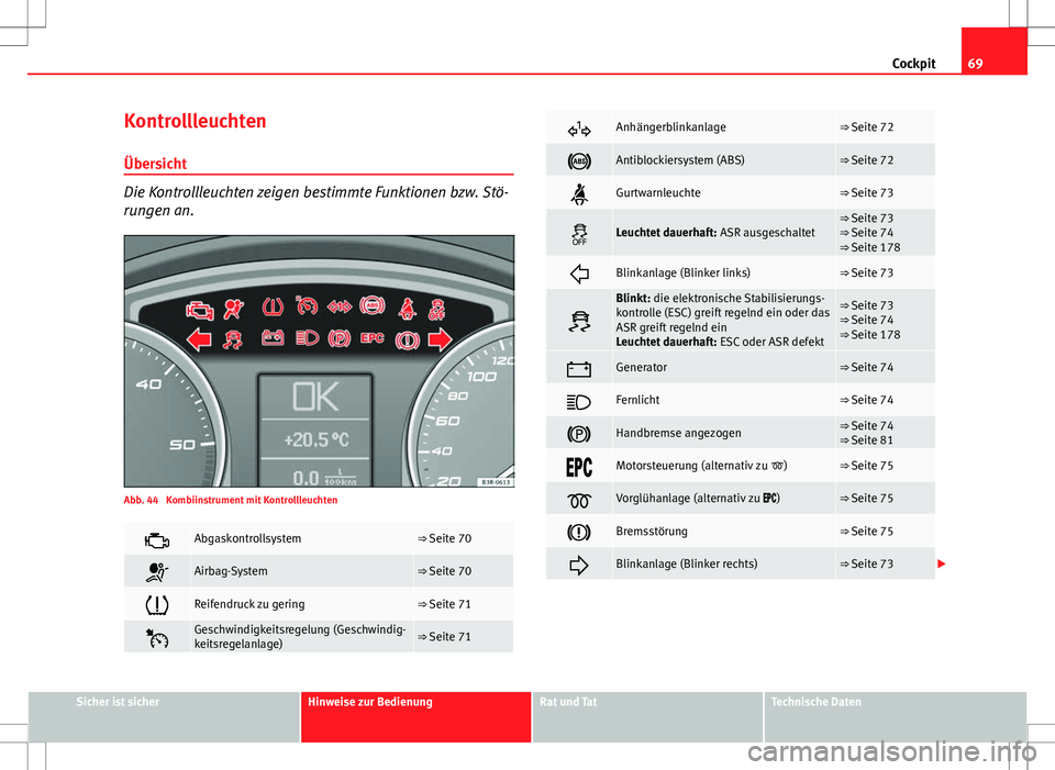 Seat Exeo ST 2012 Betriebsanleitung (in German) 69
Cockpit
Kontrollleuchten
Übersicht
Die Kontrollleuchten zeigen bestimmte Funktionen bzw. Stö-
rungen an.
Abb. 44 Kombiinstrument mit Kontrollleuchten
Abgaskontrollsystem⇒ Seite 70
Airb Seat Exeo ST 2012 Betriebsanleitung (in German) 69
Cockpit
Kontrollleuchten
Übersicht
Die Kontrollleuchten zeigen bestimmte Funktionen bzw. Stö-
rungen an.
Abb. 44 Kombiinstrument mit Kontrollleuchten
Abgaskontrollsystem⇒ Seite 70
Airb