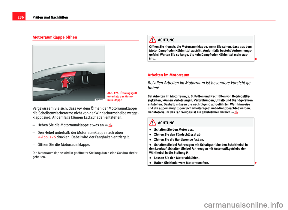 Seat Exeo ST 2009 Betriebsanleitung (in German) 236Prüfen und Nachfüllen
Motorraumklappe öffnen
Abb. 176 Öffnungsgriff
unterhalb der Motor-
raumklappe
Vergewissern Sie sich, dass vor dem Öffnen der Motorraumklappe
die Scheibenwischerarme nic Seat Exeo ST 2009 Betriebsanleitung (in German) 236Prüfen und Nachfüllen
Motorraumklappe öffnen
Abb. 176 Öffnungsgriff
unterhalb der Motor-
raumklappe
Vergewissern Sie sich, dass vor dem Öffnen der Motorraumklappe
die Scheibenwischerarme nic