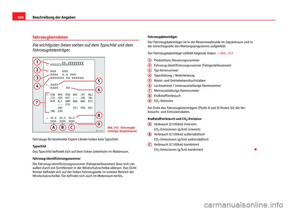 Seat Exeo ST 2009 Betriebsanleitung (in German) 306Beschreibung der Angaben
Fahrzeugkenndaten
Die wichtigsten Daten stehen auf dem Typschild und dem
Fahrzeugdatenträger.
Abb. 243 Fahrzeugda-
tenträger (Gepäckraum)
Fahrzeuge für bestimmte Expor Seat Exeo ST 2009 Betriebsanleitung (in German) 306Beschreibung der Angaben
Fahrzeugkenndaten
Die wichtigsten Daten stehen auf dem Typschild und dem
Fahrzeugdatenträger.
Abb. 243 Fahrzeugda-
tenträger (Gepäckraum)
Fahrzeuge für bestimmte Expor