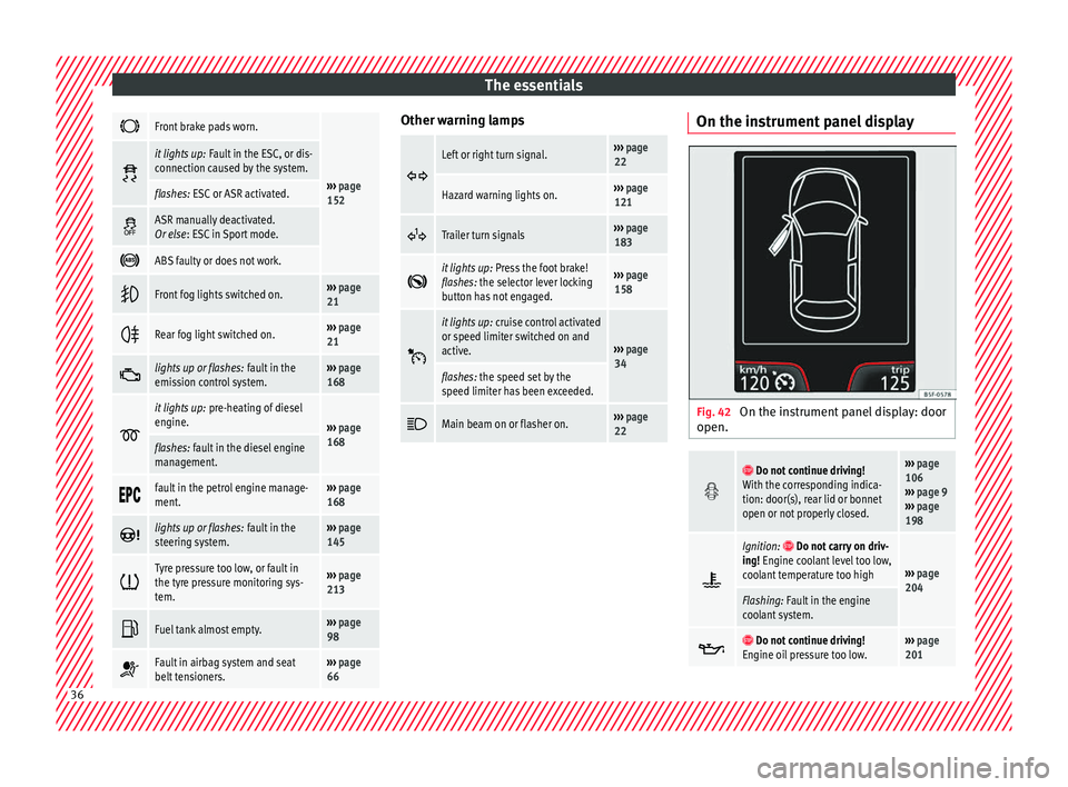 SEAT IBIZA ST 2017  Owners Manual The essentials
Front brake pads worn.
››› 
page 
152 
it lights up:
 Fault in the ESC, or dis-
connection caused by the system.
flashes: ESC or ASR activated. 
ASR manually deactivated.