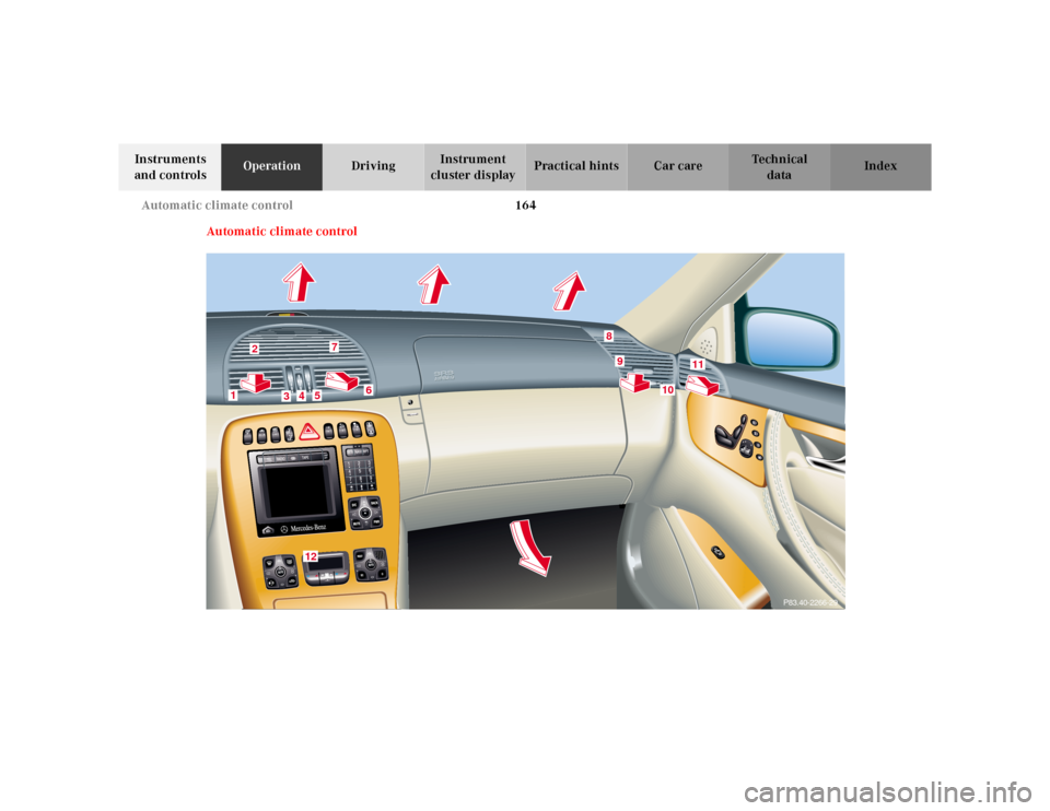MERCEDES-BENZ CL55AMG 2000 W140 Owners Manual 164 Automatic climate control
Te ch n ica l
data Instruments 
and controlsOperationDrivingInstrument 
cluster displayPractical hints Car care Index
Automatic climate control
3
P83.40-2266-29
2
1
3
4
5