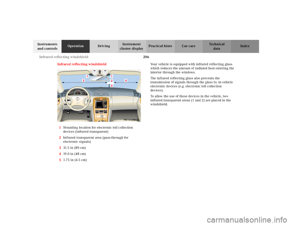 MERCEDES-BENZ CL55AMG 2000 W140 Owners Manual 206 Infrared reflecting windshield
Te ch n ica l
data Instruments 
and controlsOperationDrivingInstrument 
cluster displayPractical hints Car care Index
Infrared reflecting windshield
1Mounting locati