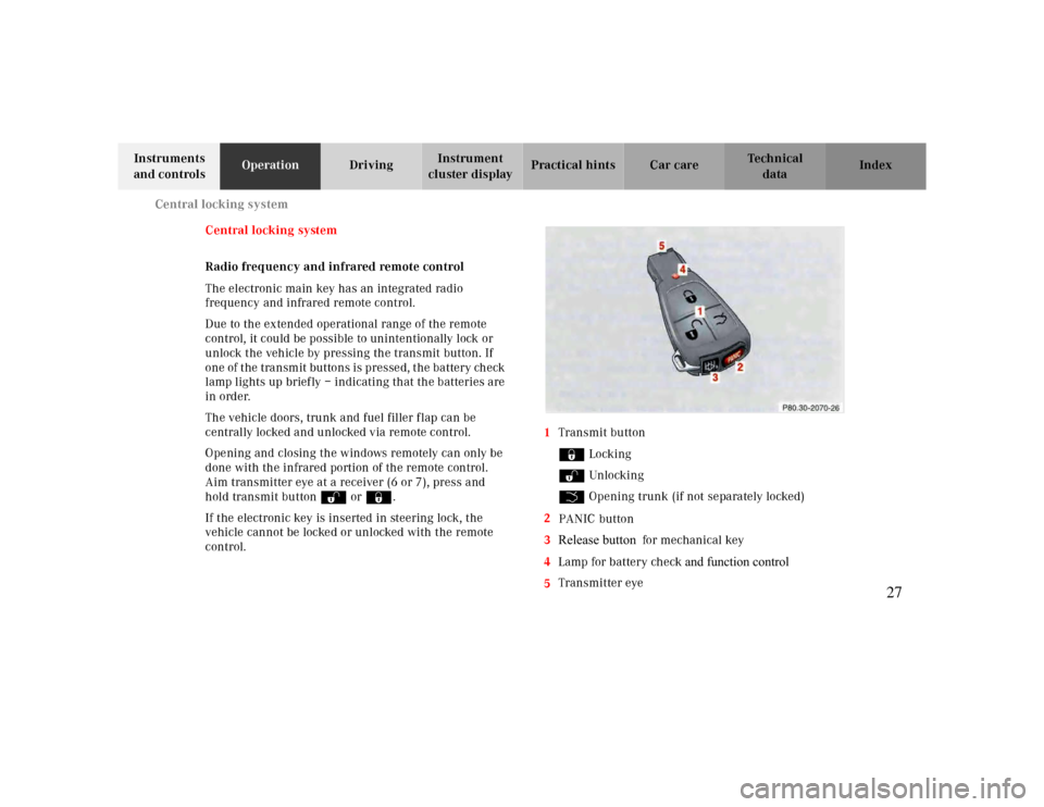 MERCEDES-BENZ CLK430 2000 C208 Owners Manual Central locking system
Te ch n ica l
data Instruments
and controlsOperationDrivingInstrument
cluster displayPractical hints Car care Index
Central locking system
Radio frequency and infrared remote MERCEDES-BENZ CLK430 2000 C208 Owners Manual Central locking system
Te ch n ica l
data Instruments
and controlsOperationDrivingInstrument
cluster displayPractical hints Car care Index
Central locking system
Radio frequency and infrared remote