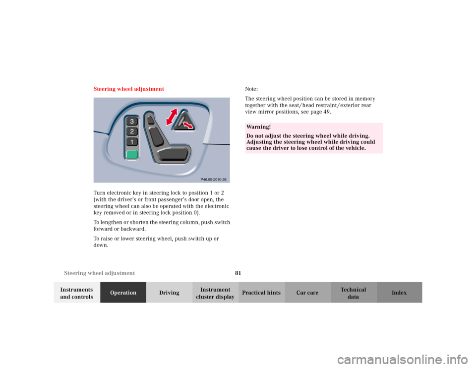 MERCEDES-BENZ E55AMG 2000 W210 Owners Manual 81 Steering wheel adjustment
Te ch n ica l
data Instruments 
and controlsOperationDrivingInstrument 
cluster displayPractical hints Car care Index Steering wheel adjustment
Turn electronic key in stee