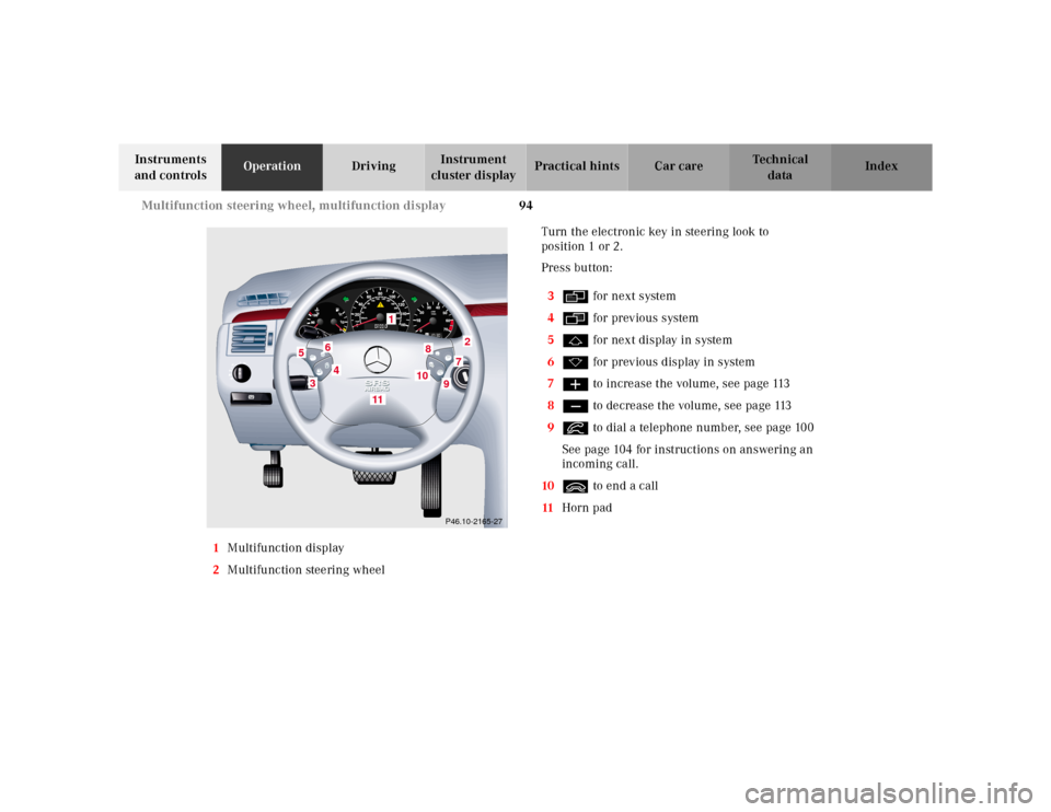 MERCEDES-BENZ E55AMG 2000 W210 Owners Manual 94 Multifunction steering wheel, multifunction display
Te ch n ica l
data Instruments 
and controlsOperationDrivingInstrument 
cluster displayPractical hints Car care Index
1Multifunction display
2Mul