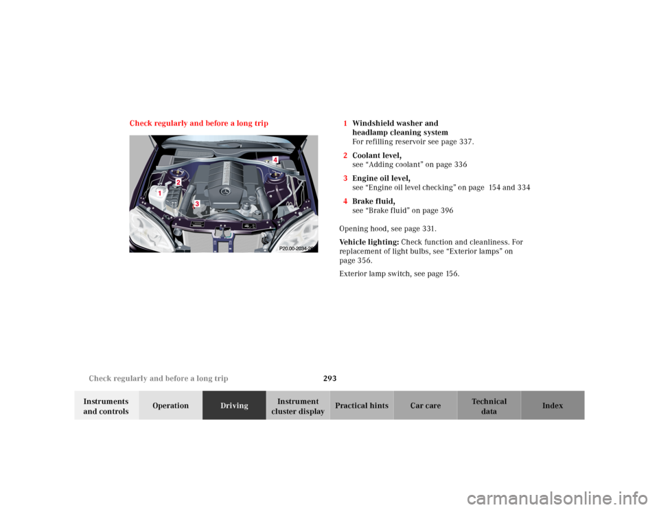 MERCEDES-BENZ S55AMG 2000 W220 Owners Manual 293 Check regularly and before a long trip
Te ch n ica l
data Instruments 
and controlsOperationDrivingInstrument 
cluster displayPractical hints Car care Index Check regularly and before a long trip 