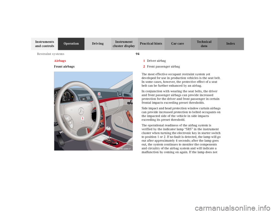 MERCEDES-BENZ S55AMG 2000 W220 Owners Manual 94 Restraint systems
Te ch n ica l
data Instruments
and controlsOperationDrivingInstrument
cluster displayPractical hints Car care Index
Airbags
Front airbags1Driver airbag
2Front passenger airbag
T MERCEDES-BENZ S55AMG 2000 W220 Owners Manual 94 Restraint systems
Te ch n ica l
data Instruments
and controlsOperationDrivingInstrument
cluster displayPractical hints Car care Index
Airbags
Front airbags1Driver airbag
2Front passenger airbag
T
