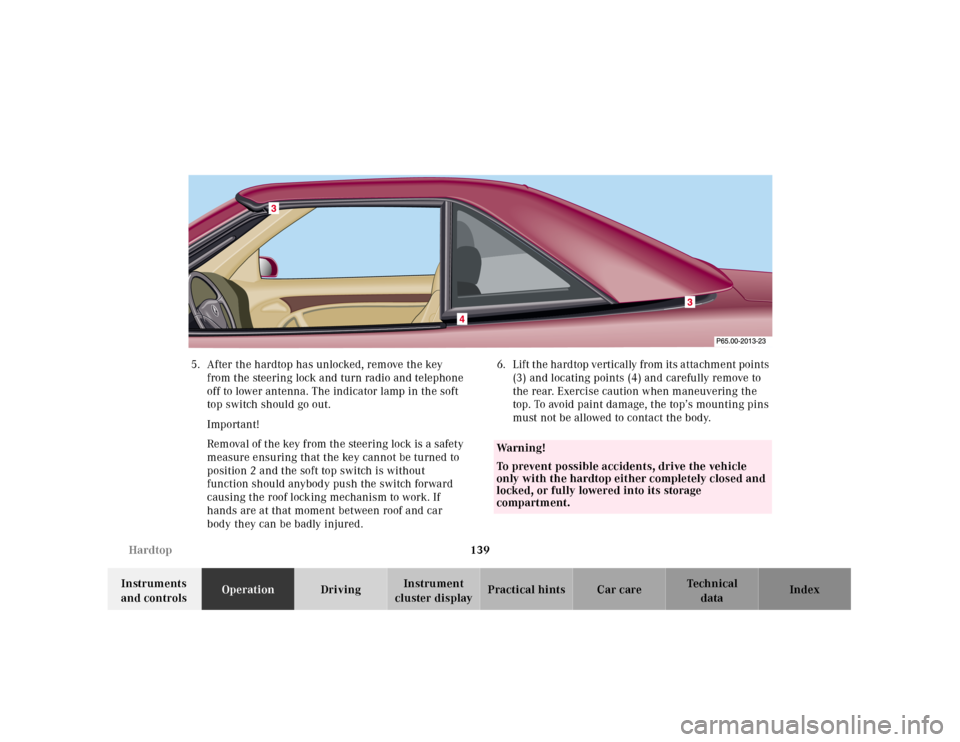 MERCEDES-BENZ SL500 2000 R129 Owners Manual 139 Hardtop
Technical
data Instruments
and controlsOperationDrivingInstrument
cluster displayPractical hints Car care Index 5. After the hardtop has unlocked, remove the key
from the steering lock MERCEDES-BENZ SL500 2000 R129 Owners Manual 139 Hardtop
Technical
data Instruments
and controlsOperationDrivingInstrument
cluster displayPractical hints Car care Index 5. After the hardtop has unlocked, remove the key
from the steering lock
