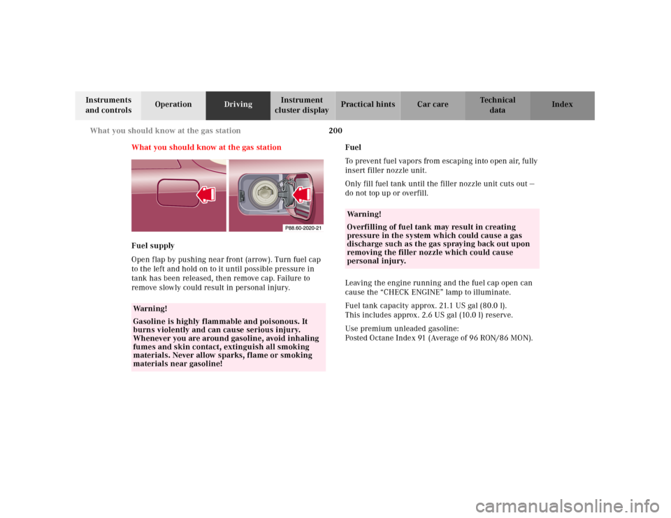 MERCEDES-BENZ SL500 2000 R129 Owners Manual 200 What you should know at the gas station
Technical
data Instruments
and controlsOperationDrivingInstrument
cluster displayPractical hints Car care Index
What you should know at the gas station
Fu MERCEDES-BENZ SL500 2000 R129 Owners Manual 200 What you should know at the gas station
Technical
data Instruments
and controlsOperationDrivingInstrument
cluster displayPractical hints Car care Index
What you should know at the gas station
Fu