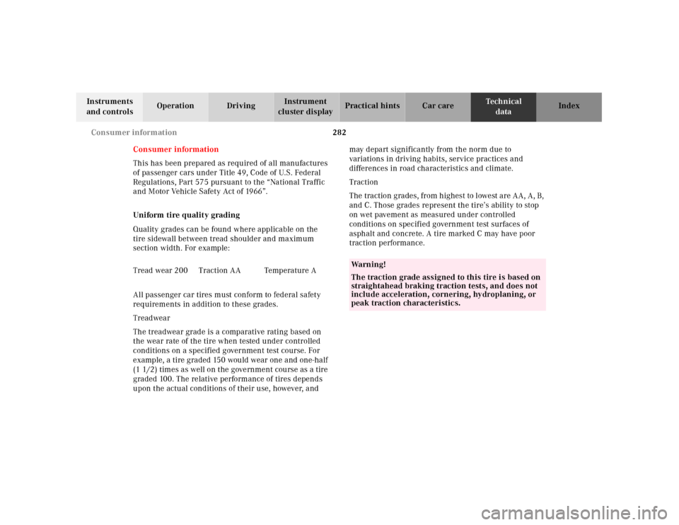 MERCEDES-BENZ SL500 2000 R129 Owners Manual 282 Consumer information
Technical
data Instruments
and controlsOperation DrivingInstrument
cluster displayPractical hints Car care Index
Consumer information
This has been prepared as required of a MERCEDES-BENZ SL500 2000 R129 Owners Manual 282 Consumer information
Technical
data Instruments
and controlsOperation DrivingInstrument
cluster displayPractical hints Car care Index
Consumer information
This has been prepared as required of a