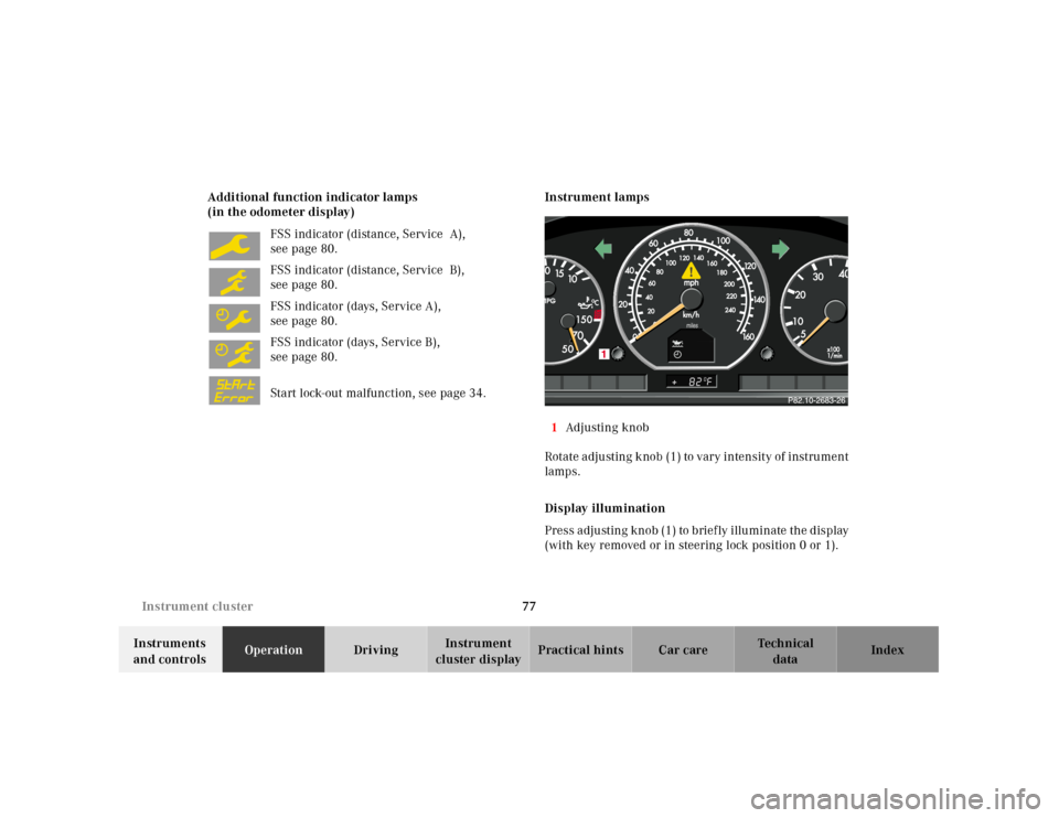 MERCEDES-BENZ SL500 2000 R129 Owners Manual 77 Instrument cluster
Technical
data Instruments 
and controlsOperationDrivingInstrument 
cluster displayPractical hints Car care Index Additional function indicator lamps
(in the odometer display)
FS