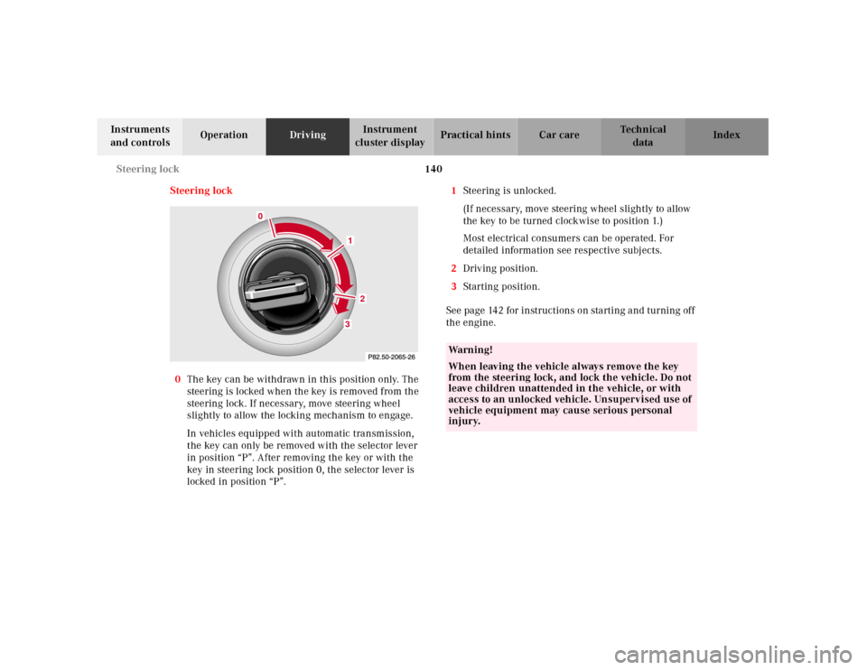 MERCEDES-BENZ SLK230 2000 R170 Owners Manual 140 Steering lock
Te ch n ica l
data Instruments
and controlsOperationDrivingInstrument
cluster displayPractical hints Car care Index
Steering lock
0The key can be withdrawn in this position only. T MERCEDES-BENZ SLK230 2000 R170 Owners Manual 140 Steering lock
Te ch n ica l
data Instruments
and controlsOperationDrivingInstrument
cluster displayPractical hints Car care Index
Steering lock
0The key can be withdrawn in this position only. T