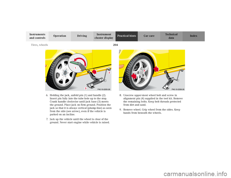 MERCEDES-BENZ SLK230 2000 R170 Owners Manual 204 Tires, wheels
Te ch n ica l
data Instruments 
and controlsOperation DrivingInstrument 
cluster displayPractical hintsCar care Index
6.Holding the jack, unfold pin (1) and handle (2). 
Insert pin f