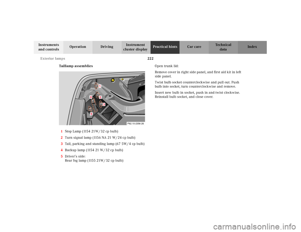 MERCEDES-BENZ SLK230 2000 R170 Owners Manual 222 Exterior lamps
Te ch n ica l
data Instruments 
and controlsOperation DrivingInstrument 
cluster displayPractical hintsCar care Index
Taillamp assemblies
1Stop Lamp (1154 21W / 32 cp bulb)
2Turn si