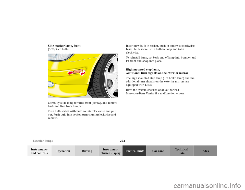 MERCEDES-BENZ SLK230 2000 R170 Owners Manual 223 Exterior lamps
Te ch n ica l
data Instruments 
and controlsOperation DrivingInstrument 
cluster displayPractical hintsCar care Index Side marker lamp, front
(5 W / 4 cp bulb)
Carefully slide lamp 
