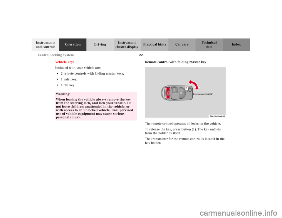 MERCEDES-BENZ SLK230 2000 R170 Owners Manual 22 Central locking system
Te ch n ica l
data Instruments 
and controlsOperationDrivingInstrument 
cluster displayPractical hints Car care Index
Ve h i c l e   k ey s
Included with your vehicle are:
