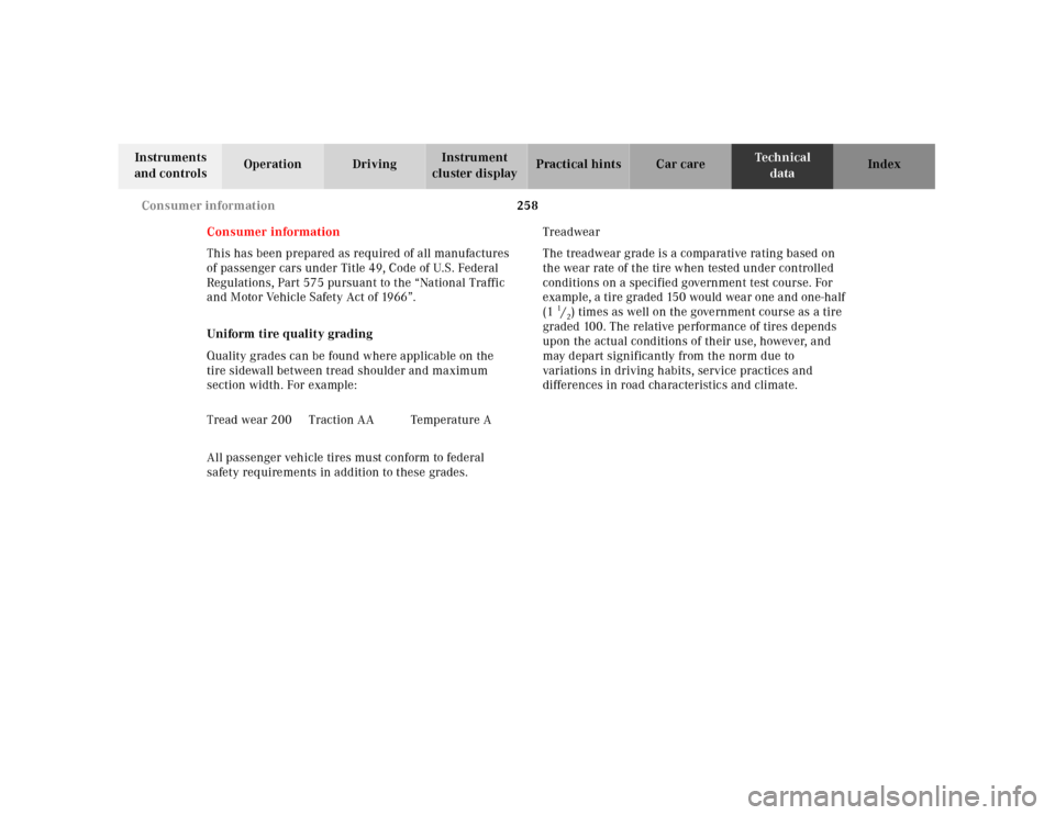MERCEDES-BENZ SLK230 2000 R170 Owners Manual 258 Consumer information
Te ch n ica l
data Instruments
and controlsOperation DrivingInstrument
cluster displayPractical hints Car care Index
Consumer information
This has been prepared as required MERCEDES-BENZ SLK230 2000 R170 Owners Manual 258 Consumer information
Te ch n ica l
data Instruments
and controlsOperation DrivingInstrument
cluster displayPractical hints Car care Index
Consumer information
This has been prepared as required