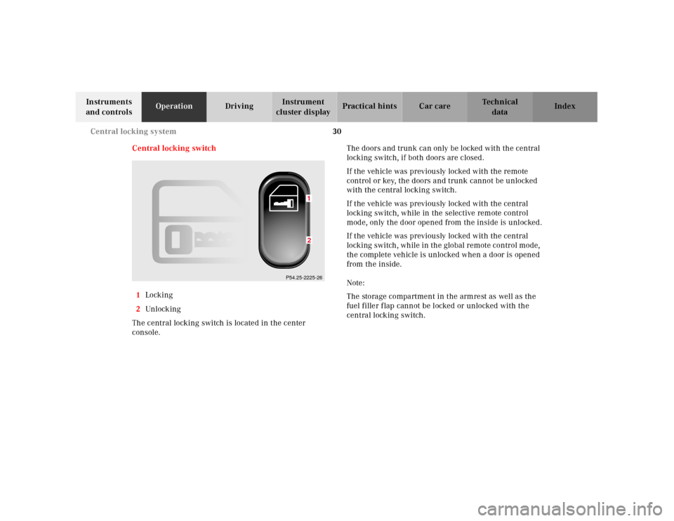 MERCEDES-BENZ SLK230 2000 R170 Owners Manual 30 Central locking system
Te ch n ica l
data Instruments
and controlsOperationDrivingInstrument
cluster displayPractical hints Car care Index
Central locking switch
1Locking
2Unl ock ing
The central MERCEDES-BENZ SLK230 2000 R170 Owners Manual 30 Central locking system
Te ch n ica l
data Instruments
and controlsOperationDrivingInstrument
cluster displayPractical hints Car care Index
Central locking switch
1Locking
2Unl ock ing
The central