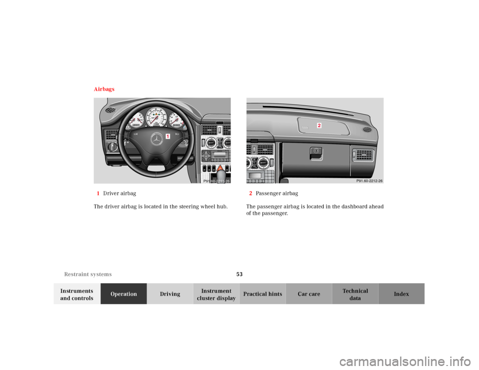 MERCEDES-BENZ SLK230 2000 R170 Owners Manual 53 Restraint systems
Te ch n ica l
data Instruments
and controlsOperationDrivingInstrument
cluster displayPractical hints Car care Index Airbags
1Driver airbag
The driver airbag is located in the st MERCEDES-BENZ SLK230 2000 R170 Owners Manual 53 Restraint systems
Te ch n ica l
data Instruments
and controlsOperationDrivingInstrument
cluster displayPractical hints Car care Index Airbags
1Driver airbag
The driver airbag is located in the st