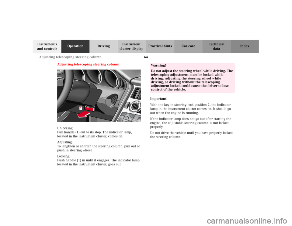 MERCEDES-BENZ SLK230 2000 R170 Owners Manual 64 Adjusting telescoping steering column
Te ch n ica l
data Instruments
and controlsOperationDrivingInstrument
cluster displayPractical hints Car care Index
Adjusting telescoping steering column
Unl MERCEDES-BENZ SLK230 2000 R170 Owners Manual 64 Adjusting telescoping steering column
Te ch n ica l
data Instruments
and controlsOperationDrivingInstrument
cluster displayPractical hints Car care Index
Adjusting telescoping steering column
Unl