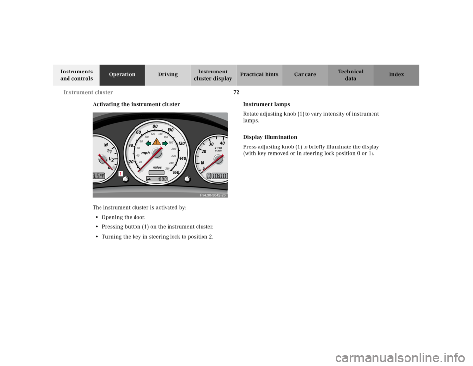 MERCEDES-BENZ SLK230 2000 R170 Owners Manual 72 Instrument cluster
Te ch n ica l
data Instruments 
and controlsOperationDrivingInstrument 
cluster displayPractical hints Car care Index
Activating the instrument cluster
The instrument cluster is 