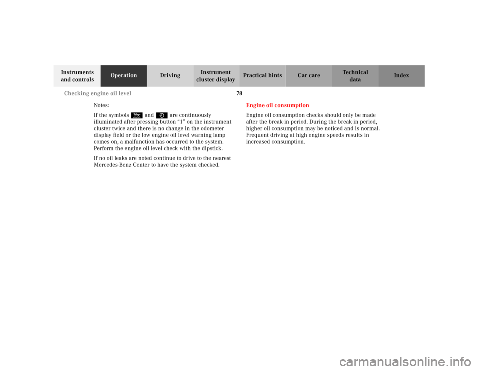 MERCEDES-BENZ SLK230 2000 R170 Owners Manual 78 Checking engine oil level 
Te ch n ica l
data Instruments 
and controlsOperationDrivingInstrument 
cluster displayPractical hints Car care Index
Notes:
If the symbols : and I are continuously 
illu