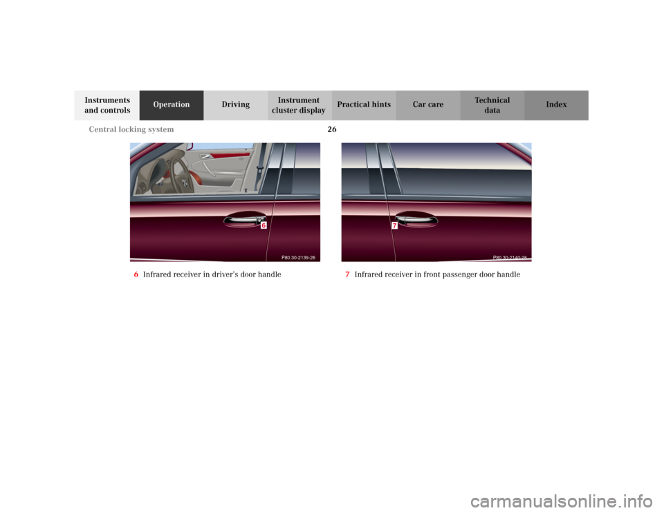 MERCEDES-BENZ C240 2001 W203 Owners Manual 26 Central locking system
Te ch n i c a l
data Instruments 
and controlsOperationDrivingInstrument 
cluster displayPractical hints Car care Index
6Infrared receiver in driver’s door handle7Infrared 
