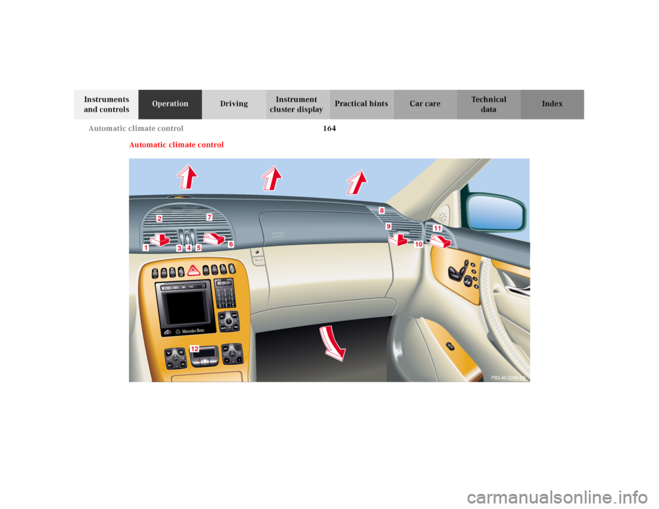 MERCEDES-BENZ CL55AMG 2001 C215 Owners Manual 164 Automatic climate control
Te ch n ica l
data Instruments 
and controlsOperationDrivingInstrument 
cluster displayPractical hints Car care Index
Automatic climate control
3
P83.40-2266-29
2
1
3
4
5