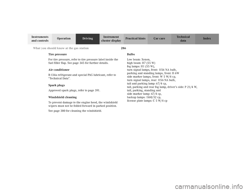 MERCEDES-BENZ CL500 2001 C215 Owners Manual 286 What you should know at the gas station
Te ch n ica l
data Instruments 
and controlsOperationDrivingInstrument 
cluster displayPractical hints Car care Index
Tire pressure
For tire pressure, refer