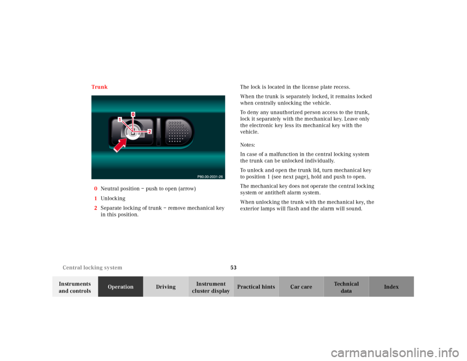 MERCEDES-BENZ CL55AMG 2001 C215 Owners Manual 53 Central locking system
Te ch n ica l
data Instruments
and controlsOperationDrivingInstrument
cluster displayPractical hints Car care Index Trunk
0Neutral position – push to open (arrow)
1Unl oc MERCEDES-BENZ CL55AMG 2001 C215 Owners Manual 53 Central locking system
Te ch n ica l
data Instruments
and controlsOperationDrivingInstrument
cluster displayPractical hints Car care Index Trunk
0Neutral position – push to open (arrow)
1Unl oc