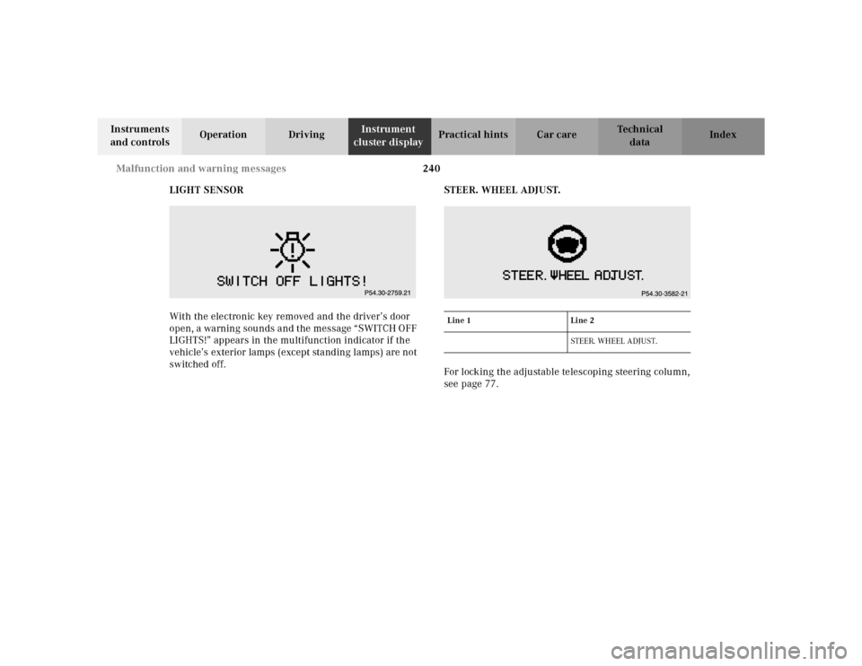 MERCEDES-BENZ CLK320 2001 A208 Owners Manual 240 Malfunction and warning messages
Te ch n ica l
data Instruments 
and controlsOperation DrivingInstrument 
cluster displayPractical hints Car care Index
LIGHT SENSOR
With the electronic key removed