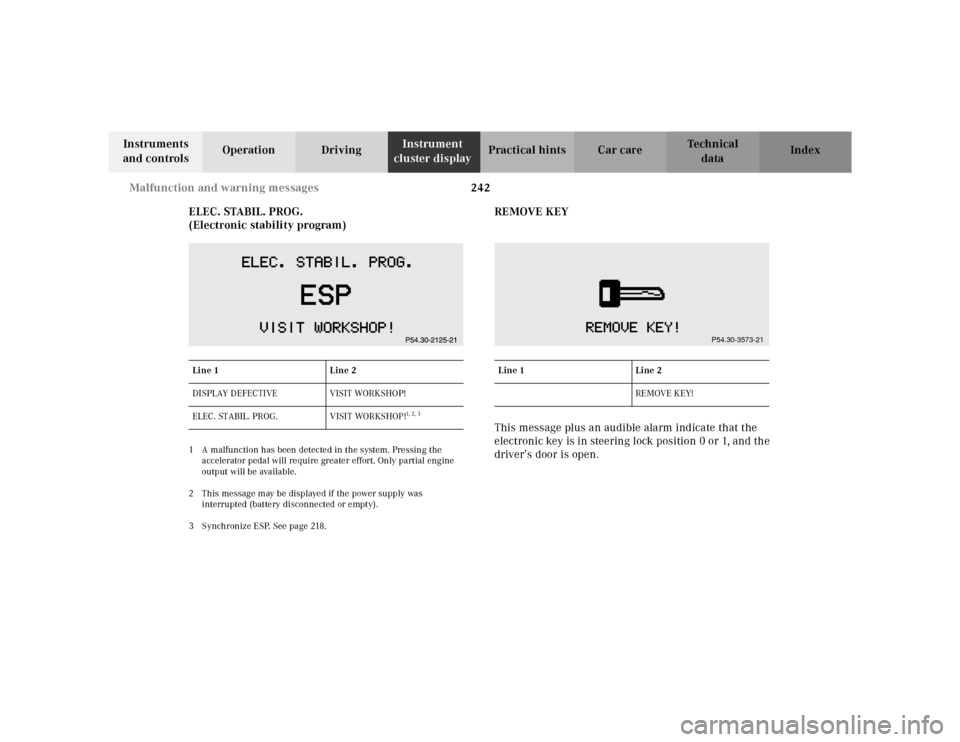 MERCEDES-BENZ CLK320 2001 A208 Owners Manual 242 Malfunction and warning messages
Te ch n ica l
data Instruments 
and controlsOperation DrivingInstrument 
cluster displayPractical hints Car care Index
ELEC. STABIL. PROG.
(Electronic stability pr