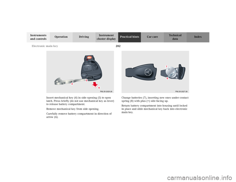 MERCEDES-BENZ CLK320 2001 A208 Owners Manual 282 Electronic main key
Te ch n ica l
data Instruments 
and controlsOperation DrivingInstrument 
cluster displayPractical hintsCar care Index
Insert mechanical key (4) in side opening (5) to open 
lat