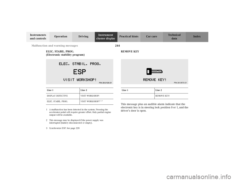 MERCEDES-BENZ CLK55AMG 2001 C208 Owners Manual 244 Malfunction and warning messages
Te ch n ica l
data Instruments 
and controlsOperation DrivingInstrument 
cluster displayPractical hints Car care Index
ELEC. STABIL. PROG.
(Electronic stability pr