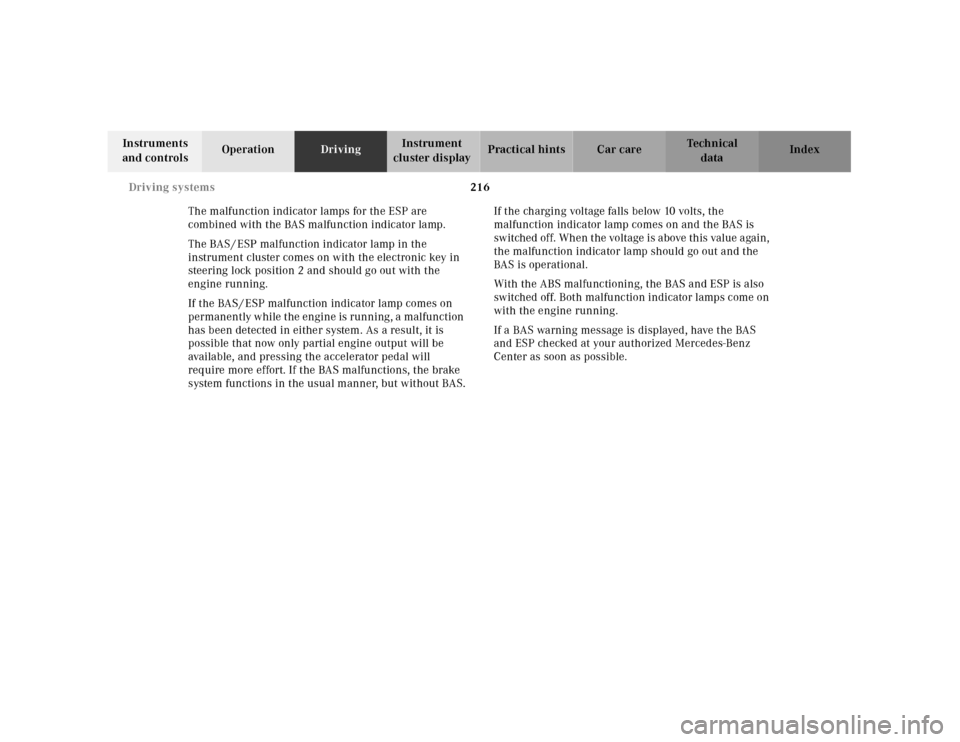 MERCEDES-BENZ E320 2001 W210 Owners Manual 216 Driving systems
Technical
data Instruments
and controlsOperationDrivingInstrument
cluster displayPractical hints Car care Index
The malfunction indicator lamps for the ESP are
combined with the MERCEDES-BENZ E320 2001 W210 Owners Manual 216 Driving systems
Technical
data Instruments
and controlsOperationDrivingInstrument
cluster displayPractical hints Car care Index
The malfunction indicator lamps for the ESP are
combined with the