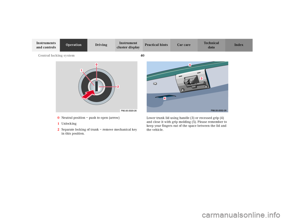 MERCEDES-BENZ E320 2001 W210 Owners Manual 40 Central locking system
Technical
data Instruments 
and controlsOperationDrivingInstrument 
cluster displayPractical hints Car care Index
0Neutral position – push to open (arrow)
1Unl ock ing
2Sep