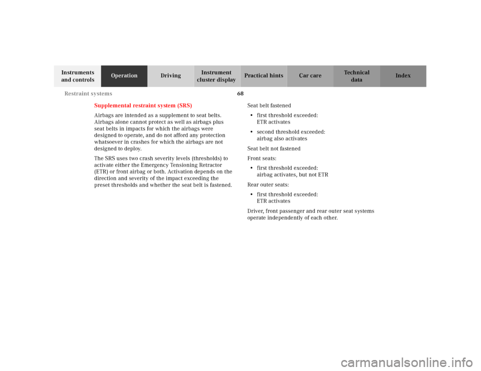 MERCEDES-BENZ E320 2001 W210 Owners Manual 68 Restraint systems
Technical
data Instruments
and controlsOperationDrivingInstrument
cluster displayPractical hints Car care Index
Supplemental restraint system (SRS)
Airbags are intended as a sup MERCEDES-BENZ E320 2001 W210 Owners Manual 68 Restraint systems
Technical
data Instruments
and controlsOperationDrivingInstrument
cluster displayPractical hints Car care Index
Supplemental restraint system (SRS)
Airbags are intended as a sup