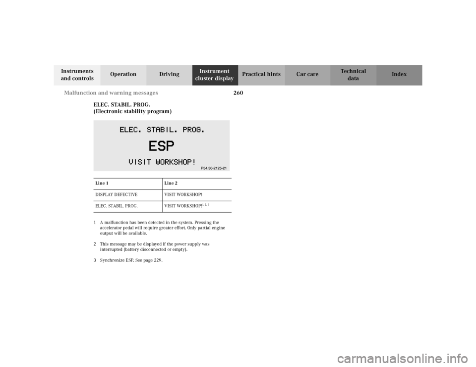 MERCEDES-BENZ E-CLASS WAGON 2001 W210 Owners Manual 260 Malfunction and warning messages
Te ch n ica l
data Instruments 
and controlsOperation DrivingInstrument 
cluster displayPractical hints Car care Index
ELEC. STABIL. PROG.
(Electronic stability pr
