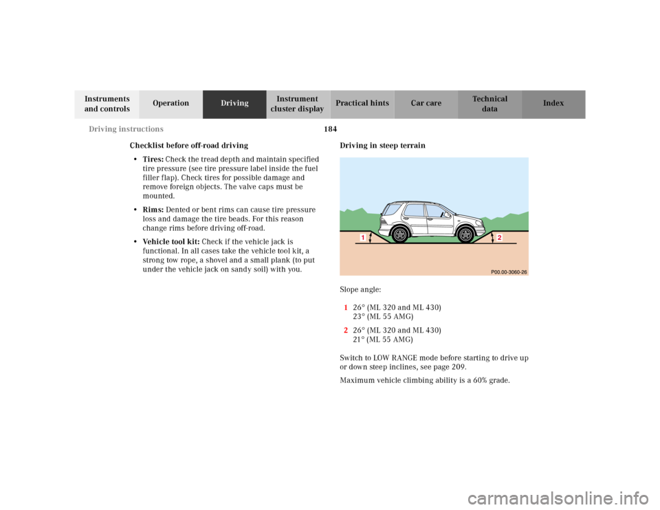 MERCEDES-BENZ ML430 2001 W163 Owners Manual 184 Driving instructions
Te ch n ica l
data Instruments
and controlsOperationDrivingInstrument
cluster displayPractical hints Car care Index
Checklist before off-road driving
•Tires: Check the tre MERCEDES-BENZ ML430 2001 W163 Owners Manual 184 Driving instructions
Te ch n ica l
data Instruments
and controlsOperationDrivingInstrument
cluster displayPractical hints Car care Index
Checklist before off-road driving
•Tires: Check the tre