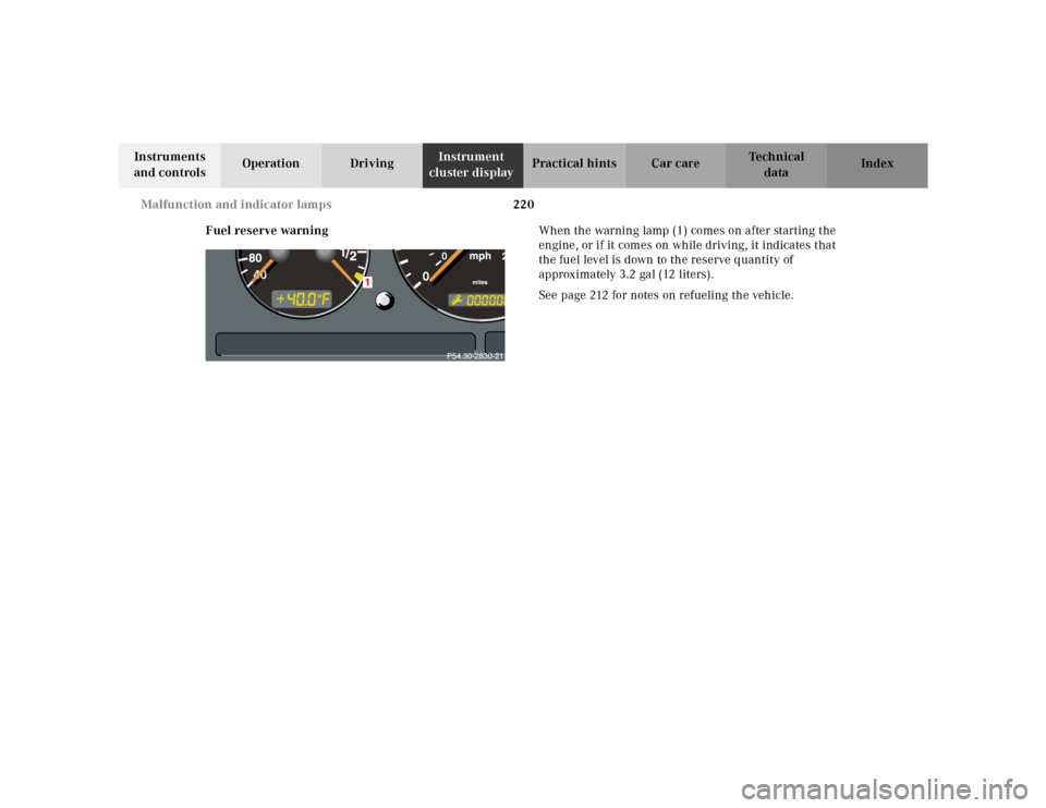 MERCEDES-BENZ ML430 2001 W163 Owners Manual 220 Malfunction and indicator lamps
Te ch n ica l
data Instruments 
and controlsOperation DrivingInstrument 
cluster displayPractical hints Car care Index
Fuel reserve warningWhen the warning lamp (1)