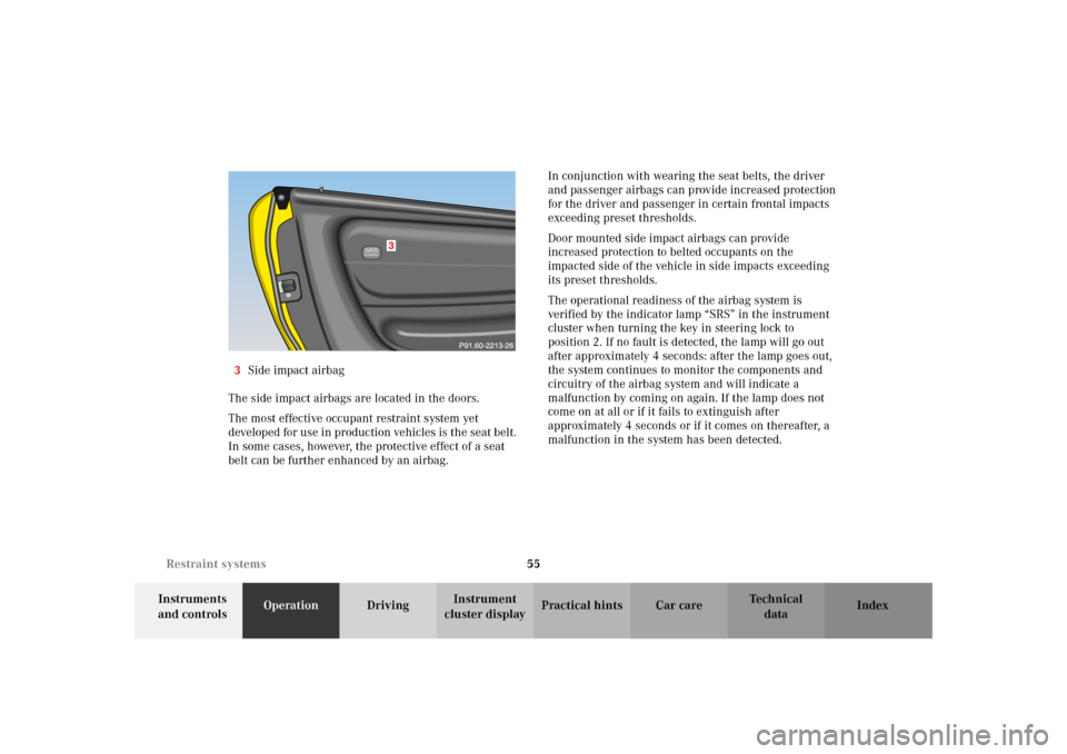 MERCEDES-BENZ SLK32AMG 2002 R170 Owners Manual 55 Restraint systems
Te ch n i c a l
data Instruments
and controlsOperationDrivingInstrument
cluster displayPractical hints Car care Index 3Side impact airbag
The side impact airbags are located in MERCEDES-BENZ SLK32AMG 2002 R170 Owners Manual 55 Restraint systems
Te ch n i c a l
data Instruments
and controlsOperationDrivingInstrument
cluster displayPractical hints Car care Index 3Side impact airbag
The side impact airbags are located in