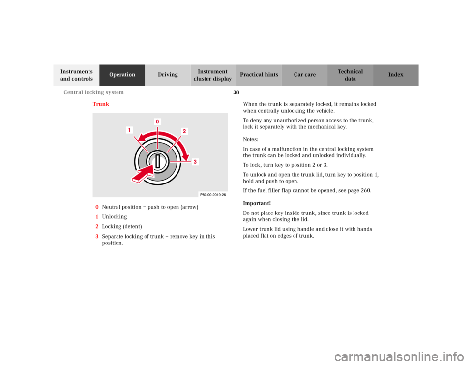 MERCEDES-BENZ SL500 2002 R129 Owners Manual 38 Central locking system
Te ch n ica l
data Instruments 
and controlsOperationDrivingInstrument 
cluster displayPractical hints Car care Index
Trunk
0Neutral position – push to open (arrow)
1Unl oc